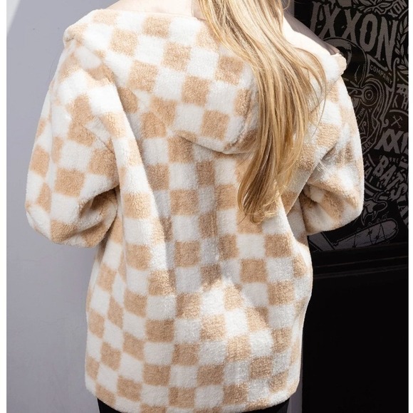 DIXXON Flannel Co Women's Checkered Hooded Sherpa Cardigan, Black White, L(NWT) - Picture 9 of 10